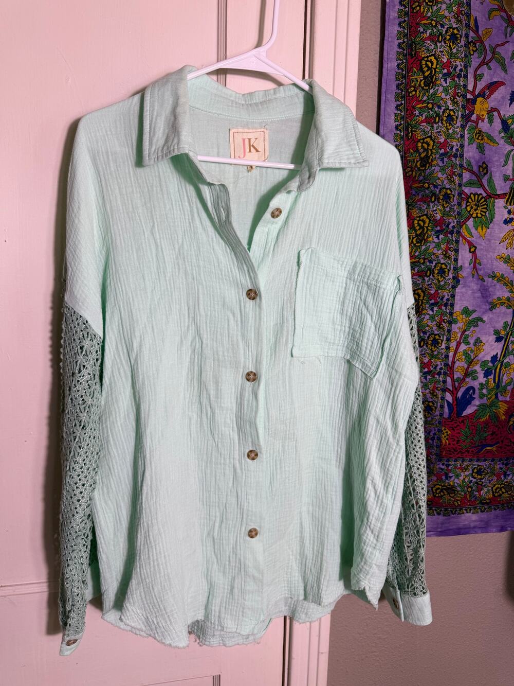 JK Mint Green Gauze Shirt M Crochet Sleeve Oversized Boho Button Down Top